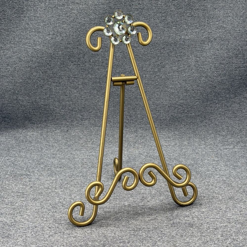 Gold Metal Tabletop Display Easel Stand Rhinestone Gem Accent Ornate Scroll